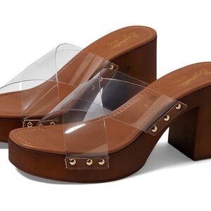 Seychelles “Curio” Brown Mules with Chunky Heel & Clear Strap